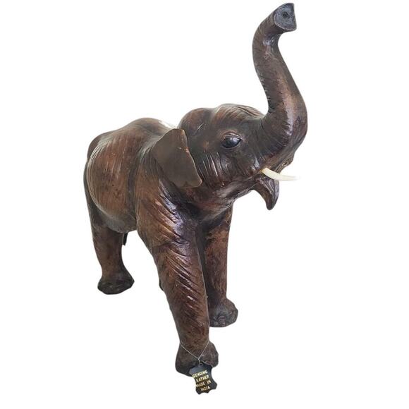 None Other - Vintage Dark Brown Leather Wrapped Elephant Standing tusks